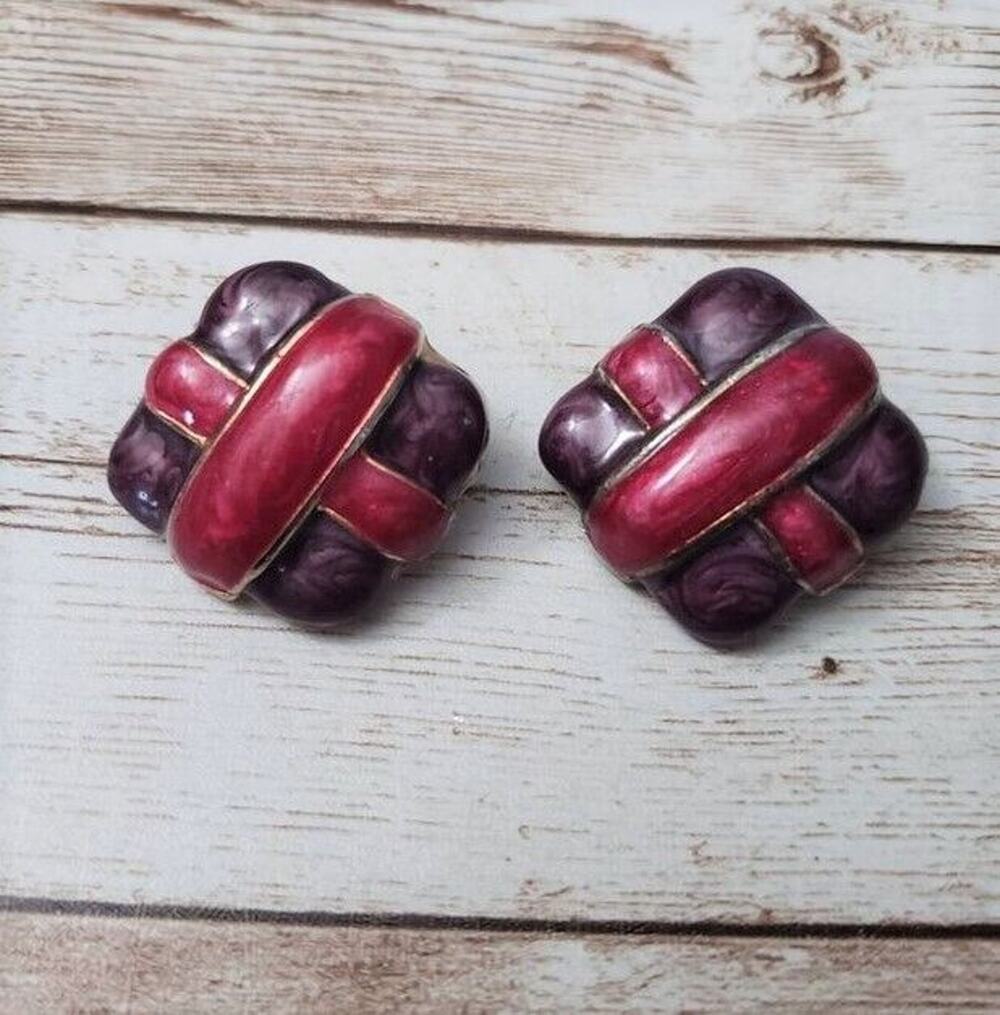 Vintage Clip On Earrings - Dark Purple & Dark Pink - 1"